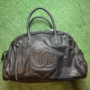 CHANEL Coco Mark Matelasse Boston Bag Travel Black Large Bowling Bag Authentic